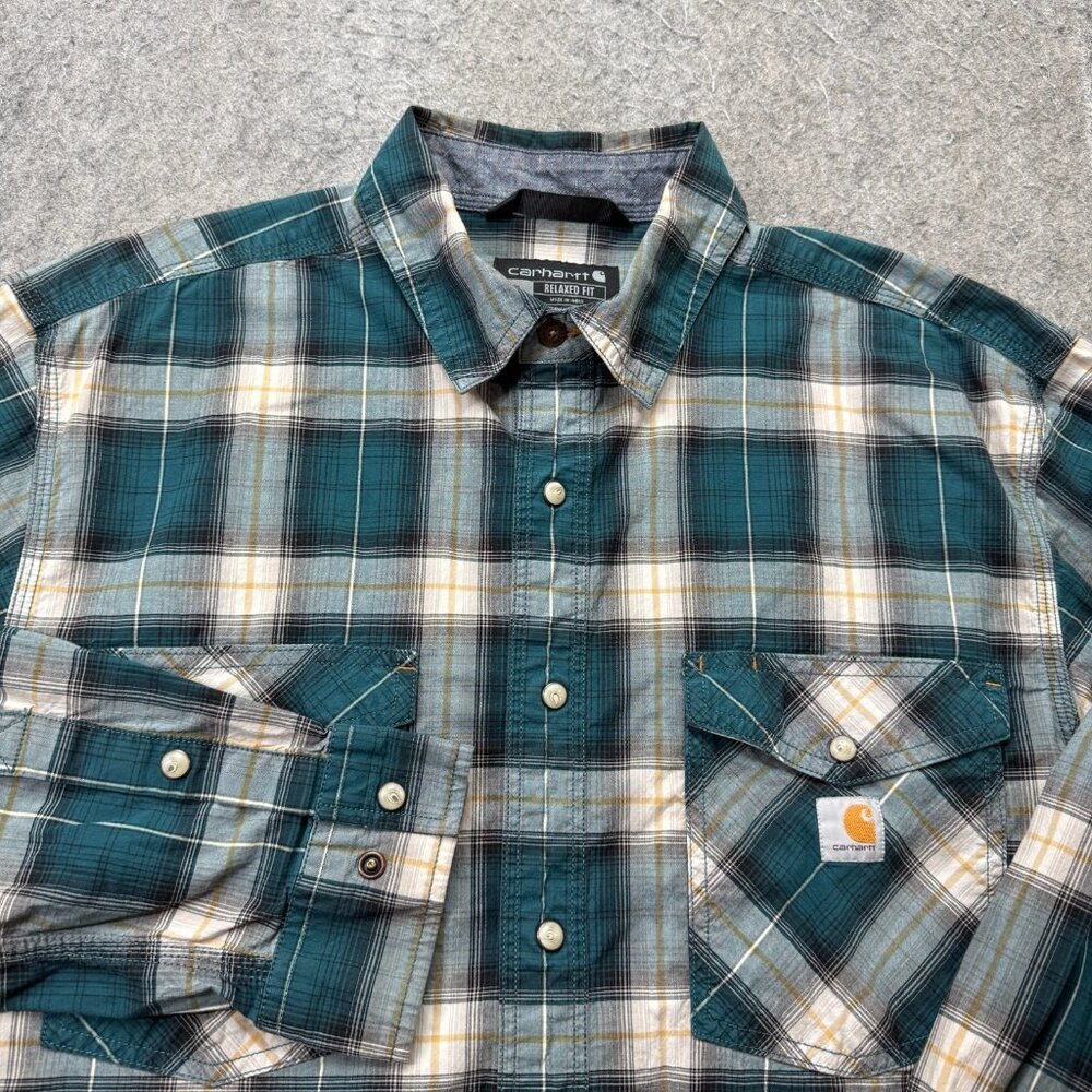 Carhartt Snap Shirt Men L Green Plaid Relaxed Fit Lightweight Long Sleeve